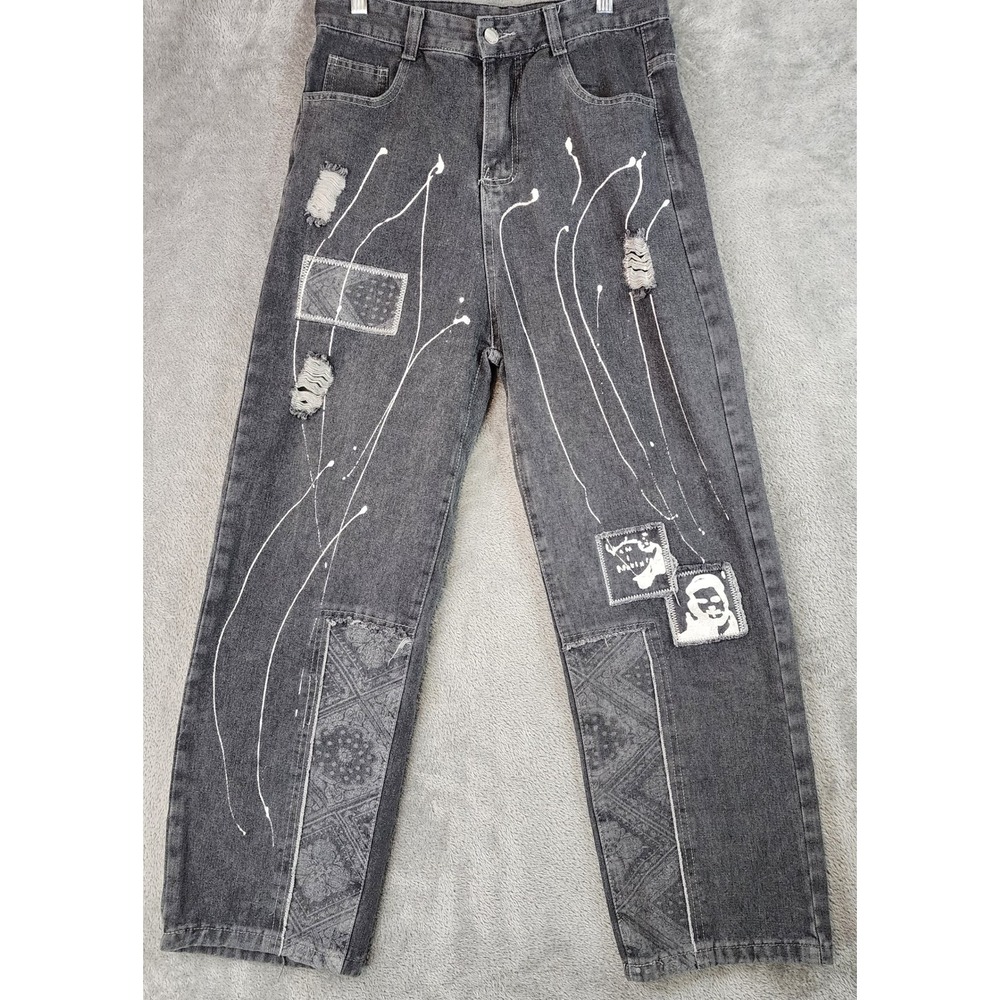 Fashion Jeans‎ Womens 30 in Waist Gray Distressed Graphic Patch Paint Splatter